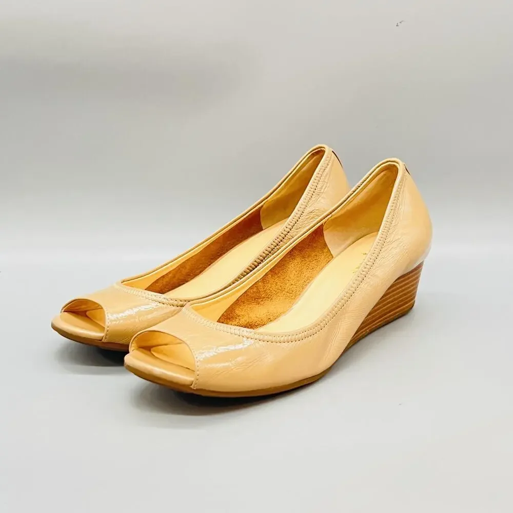 Cole Haan Shoes Womens 6.5 Beige Patent Leather Vtg Air Wedge Peep Toe Comfort
